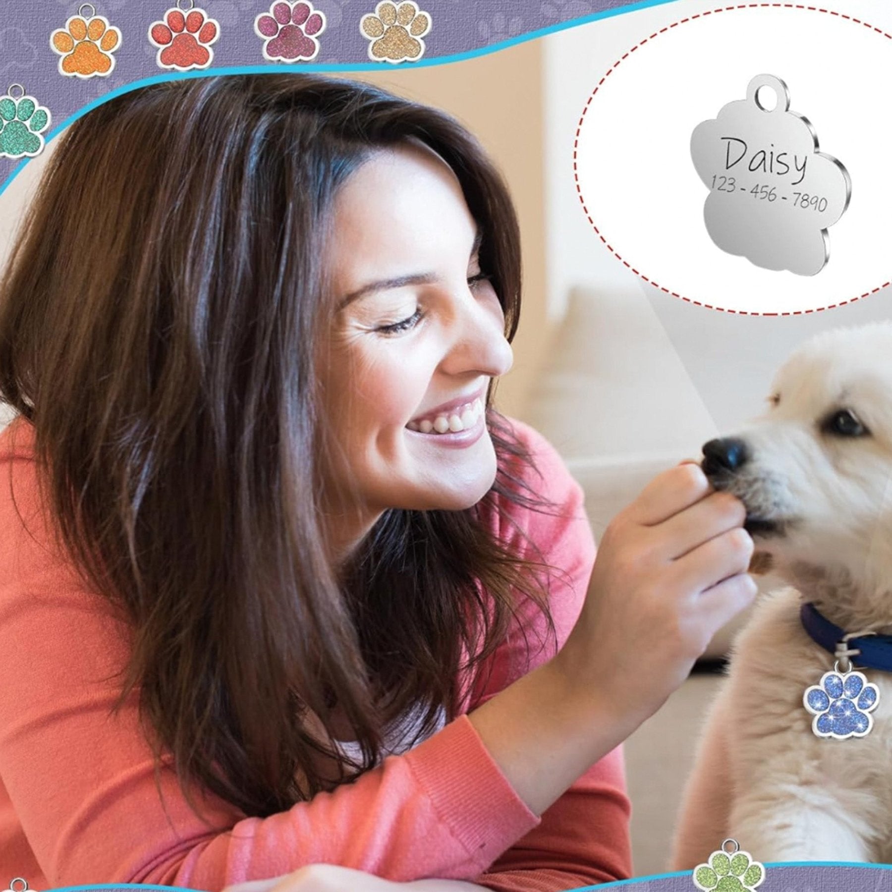 Custom Sparkly Paw Dog Tag – Personalized Glitter Pet ID with 2 Lines - Wild Pet Supply